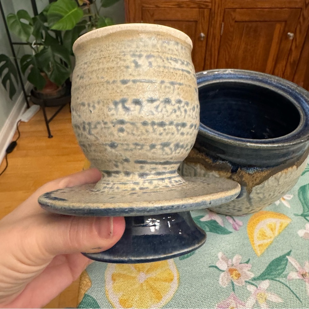 Handcrafted Blue and Brown Ceramic butter crock - Picture 2 of 6